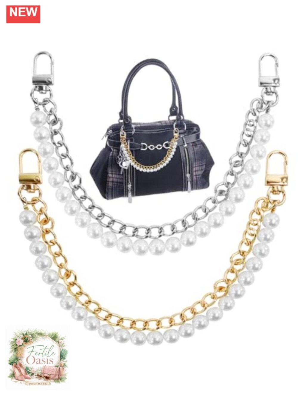2 Pack Pearl Purse Chain Strap Metal Replacement Bag Charm 12in